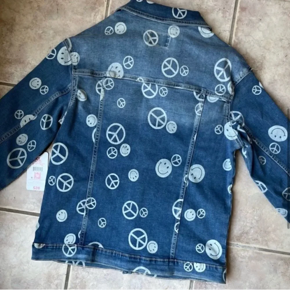 Justice Stranger Things Limited Discharged Denim Jacket Peace Smiley Face Sz XL